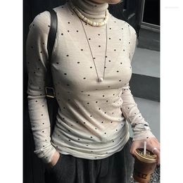 Women's T Shirts Early Spring Slim-fitting High-neck Wool Blend Light Beige Polka-dot Women Bottoming Shirt