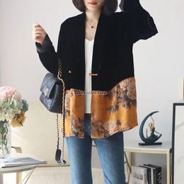 Ethnic Clothing 2024 Coat Women's Chinese Style Retro Long Sleeve Top Chic Velvet Stitching Design Cheongsam Button