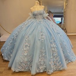 Sky Blue Quinceanera Dresses Off the Shoulder Sweet 15 Gowns 3D Flower Bead Tull Vestidos 15 De Quinceanera