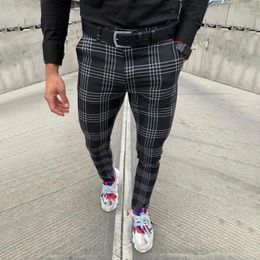 Men's Pants 2024 Casual Fashion Striped Plaid Pencil Male Business Office Mid-waist Slim Trousers Men Sport Streetwear