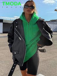 T MODA Spring Autumn Faux Leather Jackets Women Loose Casual Coat Female Drop-shoulder Motorcycles Locomotive Outwear With Belt 240123