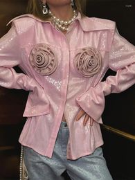 Women's Blouses 2024 3d Three-dimensional Floral Women Elegant Long Sleeve Lapel Shirt Jacket Fashion Single Breasted Top Streetwear