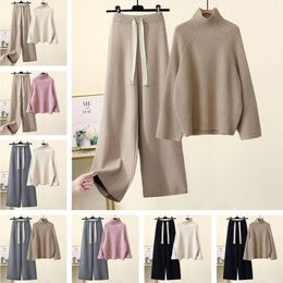 Autumn Winter Warm Knitted Suit Women Long Sleeve Half Turtleneck Knitting Sweater And Wide Leg Pants Sets Outer Wear Loose Set
