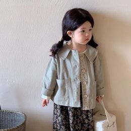 Jackets Coat Autumn Style Girls Casual Children Clothing Lapel Collar Lovely Button Single Row Outerwear Soild Printing