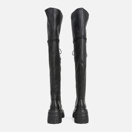 MUMANI Woman's Motorcycle boots Genuine Leather Concise Platform Lace Up Square heel Round Toe Over the Knee Boots 240129