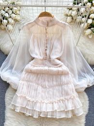 Casual Dresses 2024 Fashion Fold Pleated Mini Dress Women's Stand Long Lantern Sleeve Buttons High Waist Multi Layer Ruffles Chiffon
