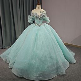 Голубое блестящее платье принцессы Quinceanera, бальное платье с аппликациями из бисера, кружевное тюлевое милое платье 16 Vestidos 15 De XV Anos