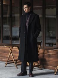 Mauroicardi Autumn Winter Long Warm Black Trench Coat Men Single Breasted Luxury Wool Blends Overcoat High Quality Clothing 240118