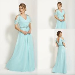 Elegant A Line V-neck Light Blue Mother of the Bride Dresses Formal Suit with Short Sleeve Floor Length Bridal Party Gowns