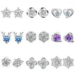 Stud Earrings Korea Flower Heart Daily 925 Silver Needle Zircon Paved Bling Crystals Jewelry For Women Girls Snowflower Earstuds