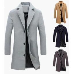 Mens Woolen Coat Jacket Long Cotton Casual Windbreaker Single Breasted Lapel Overcoat Plus Size Fashion Wool Blend Color Coats 240118