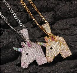 Hip Hop Iced Out Unicorn Pendant Necklace Bling Diamond Rope Chain Fashion Unicorn Animal Rapper Accessories4482278