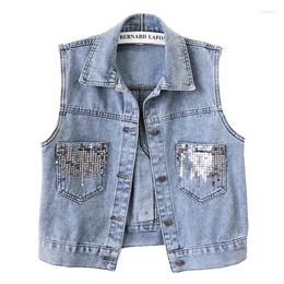 Women's Vests Vintage Light Blue Sequins Big Pocket Denim Vest Women Waistcoat Cowboy Sleeveless Jacket Spring Loose Short Jeans Female