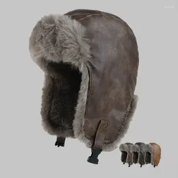 Berets 2024 Winter Hat Outdoor Riding Ushanka Piled Thickened Thermal Pu Leather Ear Ski Windproof Bomber Hats For Men