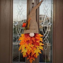 Autumn Wreath Gnome Hat Maple Leaf Wreath Christmas Decoration Front Door Hanging Ornament Window Restaurant Home Decor 240130