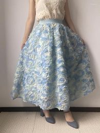 Skirts Blue Embroidered Flower High-Wasit Fairy Skirt High Quality 3D Rose Vintage Tulle Mesh 2024 Spring/Summer Women Clothing