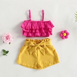 Clothing Sets Children Kids Girls Summer 2-piece Outfit Solid Colour Ruffled Bandage Halterneck Tank Top And Elastic Casual Shorts Set