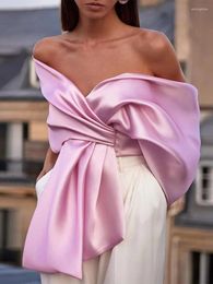 Women's Tanks Satin Pink Bow Backless Shirt Top Women 2024 Summer Lady Strapless Sexy Off Hsoulder Short Sleeveles Blouse Partywear