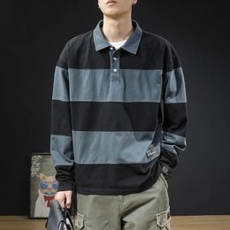 Top Polo Stripe Buttoned Men's Clothing Sweatshirts T Shirt for Man Y2k Long Sleeve Korean Luxury Normal Harajuku Fashion Xl 240123