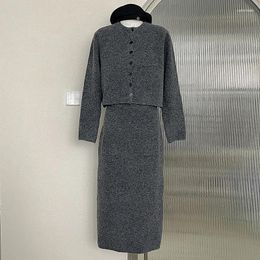 Work Dresses Temperament Gray Short Single-breasted Sweater Jacket 2024 Winter Women's High Waist Slim Knitted Long Skirts Set