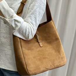 New LE 5 A 7 supple large suede shoulder bag women fashion inner zip pocket bronze-toned hardware crossbody bag tote clutch bag purse Top Quality 10A
