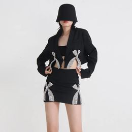 Suit Rhinestone Patchwork Bow Long Sleeve Split Blazers For Women Black Slim Short Bodycon Skirt 240202