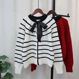 Women's Knits Spring Autumn Knitted Sweater Sweet O-Neck Lace Up Bow Design Cardigan Single Breasted Long Sleeve Versatile