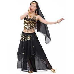 Indian Costume Set 4-pieces Belly Dance Veil Top Coins Hip Scarf Skirt Belly Dance Costume Women 240202