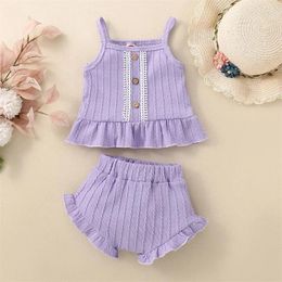 Clothing Sets Infant Baby Girls Shorts Sleeveless Lace Button Camisole Solid Color PP Clothes