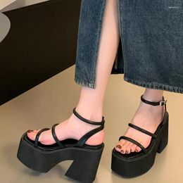 Sandals Black Gladiator Woman Belt Platform High Heels Summer Slingback Shoes Punk Chunky Samdalias De Plataforma