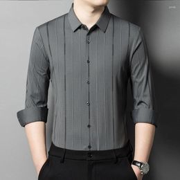 Men's Dress Shirts Spring 2024 Seamless Vertical Striped Shirt Square Neck Loose Fitting Business Casual Long Sleeved M-4XL
