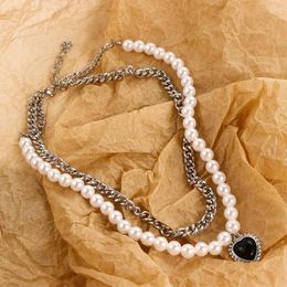 Chains Black Love Pendant Imitation Pearls Girls Double Layered Women Clavicle Chain Fashion Jewelry Alloy Korean Style Necklace