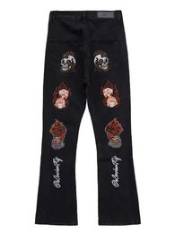 Retro High Street Printed Jeans for Women High Waisted Jeans Loose Hip Hop Fashion Ruffian Handsome Loose Straight Long Pants 240126