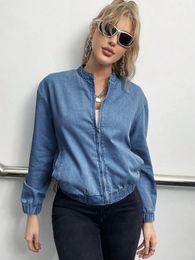 2023 Women Fashion Zip Up Pocket Denim Jacket Autumn Long Sleeve Casual Coat Drop Shoulder Street Jean Outwear For Female 240125