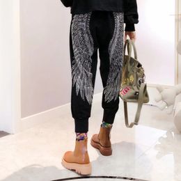 Womens Knitted Pants Rhinestone Wings Diamond High Elastic Skinny Stretchy Trousers Fashion Hip Hop Harajuku Female Harem Pants 240130