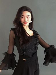 Stage Wear Ballroom Dance Tops Women Black Lace Ruffled Mesh Sleeves Waltz Latin Performance Costume Adult Blouse DNV18180