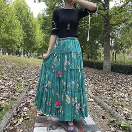 Skirts 2024 Fashion Long Maxi A-line Elastic Waist Women Summer Spring S-2XL Cotton Linen Print Big Hem Green