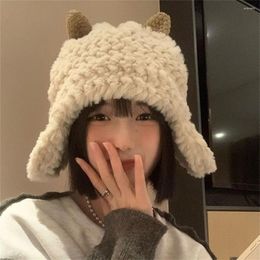 Berets Sheep Ears Plush Beanies Hat Winter Cute Warm Thickened Knitted Cap Korean Version Sweet Versatile Ear Protection Women's Hats