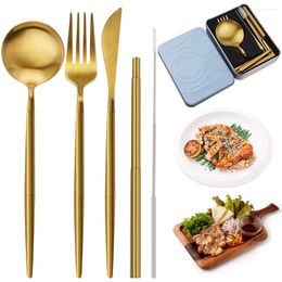 Dinnerware Sets Travel Camping Cutlery Set 5 Pcs Portable Utensils Including Knife Fork Spoon Cleaning Brush Straws Case