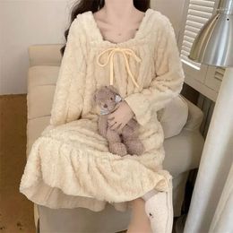 Women's Sleepwear Womens Korean Pajamas Style Fleece Nightgown Piece Dress Night One Collar 2024 Square Winter Home Bow Wear Knee Length