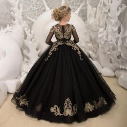 Girl Dresses Black Luxurious Flower Dress For Wedding Tulle Puffy Gold Applique Long Sleeve Birthday Party First Communion Ball Gowns