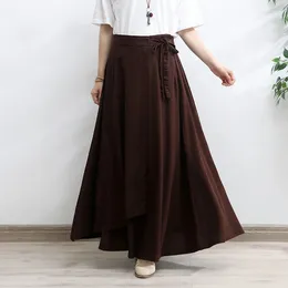 Skirts TIYIHAILEY 2024 Long Maxi A-line Skirt Women Elastic Waist Spring Autumn Cotton Linen Vintage Big Hem Bandage