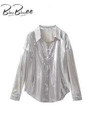 BlingBlingee Silver Shiny Metallic Women Casual Blouse Traf Spring V Neck Long Sleeve ButtonUp Shirt Female Top Y2K 240130