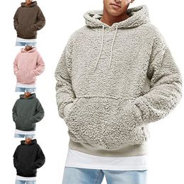 Men's Winter Warm Hooded Pullover Solid Colour Fluffy Wool Long Sleeve Pocket Velvet Casual Sweater Street Wear 240127