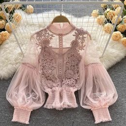 Flower Lace Women Shirts Fashion Slim Lantern Sleeve Ladies Blouse Comfortable Vintage Autumn Winter Thin Perspective Gauze Tops 240129