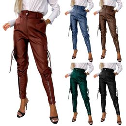 Women's Pants Button High Waisted Cropped Tapered Pu Leather Slim Leg Leggings Fleece Lined Biker Women