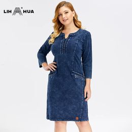 LIH HUA Womens Plus Size Denim Dress Elasticity Knitted Denim Dresses Slim Fit Casual Dress Shoulder Pads Dress 240130