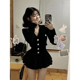 Autumn Vintage Black Clothing Suit Woman Y2kHigh waisted A-line skirt Mini Dress Xiao Xiang feng Top Coat Office Lady E 240123