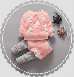 Warm Winter Children Kids Baby Infant Girls Thicken Velvet Faux Fur Bow Pullover Sweater TopPant Legging Clothing Sets4118028