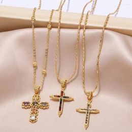 Pendant Necklaces Dainty Multicolor Crystal Cross For Women Copper Gold Plated Beads Chain Christian Amulet Jewellery Nkeb859